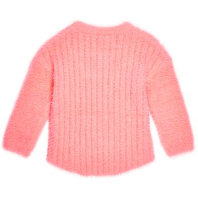 Mini girls bright coral fluffy knit jumper
